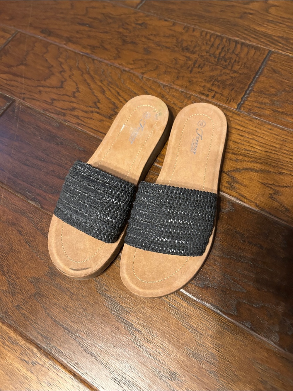 Black Woven Slide Sandals with Tan Footbed size 8 never worn